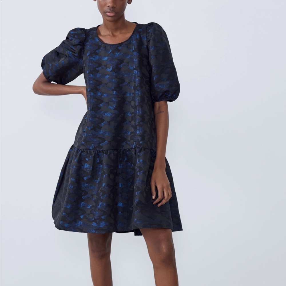 ZARA voluminous jacquard blue camo dress - Picture 2 of 5